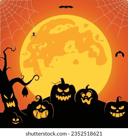 halloween background with pumpkins, spooky tree, vintage haunted house, and bats flying over cemetery