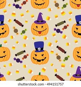Halloween background with pumpkins and sweets. Seamless pattern. Vector illustration