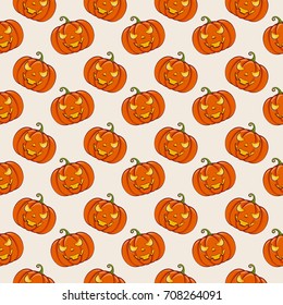 Halloween background with pumpkins. Traditional jack-o'-lantern symbol. Vector seamless pattern. 