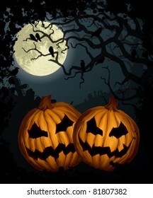 Halloween background with pumpkins, tree, crows and cemetery