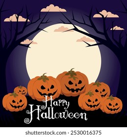 Halloween background, with pumpkins, trees, and in shades of purple, with text, Happy Halloween