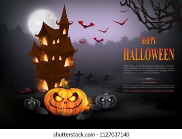 Halloween background with pumpkins under the moonlight in the darkness.vector illustration.