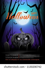 Halloween background with pumpkins under the moonlight in the darkness.vector illustration.