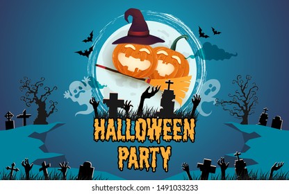 halloween background. pumpkins  under the moonlight. Spooky Forest At Night 