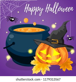 Halloween background with Halloween Pumpkins wearing witches hat with autumn leaves, magic pot, spider with cobweb and Happy Halloween text. Vector illustration design for Invitation to party or greet