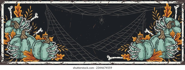 Halloween background with pumpkins, web and bones for scary poster. Season banner with skeleton and cementery for dark fear october design
