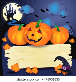 Halloween background with pumpkins and wooden sign. Vector illustration 