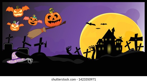 Halloween background, pumpkins.A Halloween spooky haunted house and graveyard background
