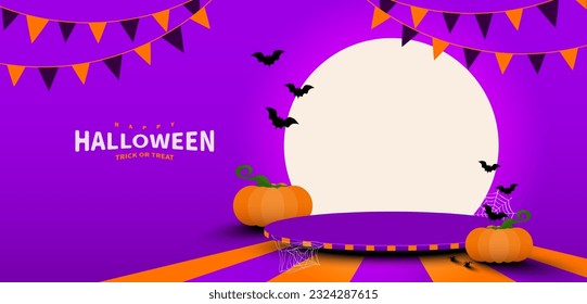 Halloween background Purple base for product display decor with Moon and elements for festive. Product stand. Halloween. Vector illustration.