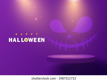 Halloween Background. Purple platform decorated with lighting on purple wall background. Pedestal scene with for product, advertising, show. Backdrop scary Halloween. Vector illustration.