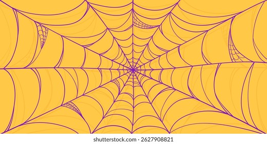 Halloween Background with Purple Spider Web Frame in Hand Drawn Style. Doodle arachnid web perfect for cards, party invitations, web
