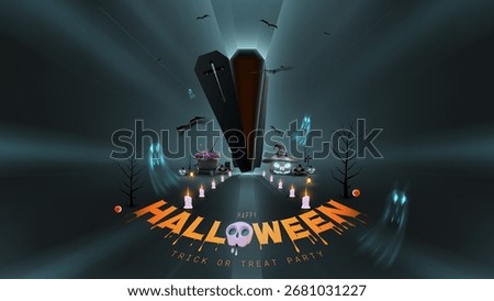 Halloween background with realistic 3D elements on a scary dark scene, template for holiday poster design.