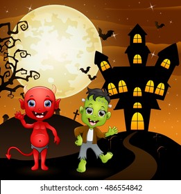 Halloween background with red devil and frankenstein.Vector illustration