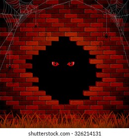 Halloween background with red evil eye in the hole of the brick wall, illustration.
