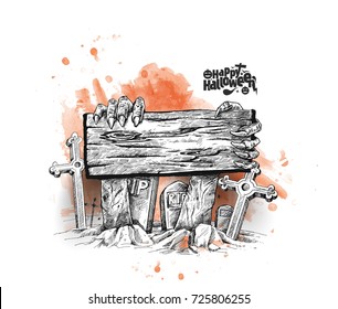Halloween Background with Rest in Peace R.I.P. Engraved on Wooden Board.