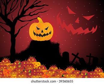 halloween background with retro tree, collection of pumpkin