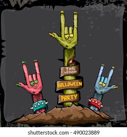 Halloween background with rock n roll zombie hand . vector halloween party creative concept invitation or poster. halloween cartoon banner.