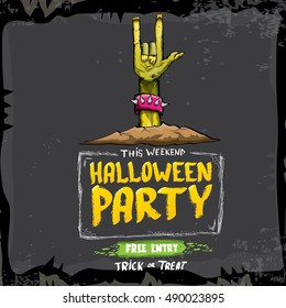 Halloween background with rock n roll zombie hand . vector halloween party creative concept invitation or poster. halloween cartoon banner.