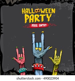 Halloween background with rock n roll zombie hand . vector halloween party creative concept invitation or poster. halloween cartoon banner.