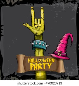 Halloween background with rock n roll zombie hand . vector halloween party creative concept invitation or poster. halloween cartoon banner.