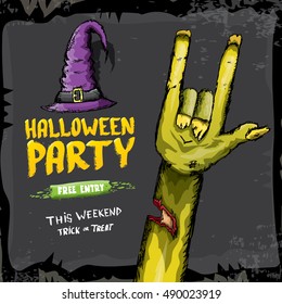 Halloween background with rock n roll zombie hand . vector halloween party creative concept invitation or poster. halloween cartoon banner.