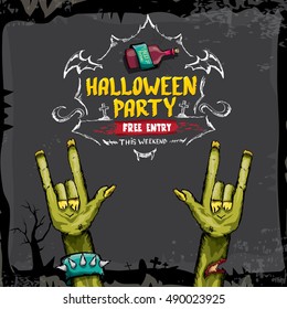 Halloween background with rock n roll zombie hand . vector halloween party creative concept invitation or poster. halloween cartoon banner.