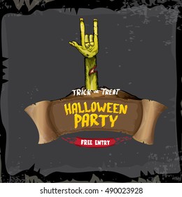 Halloween background with rock n roll zombie hand . vector halloween party creative concept invitation or poster. halloween cartoon banner.