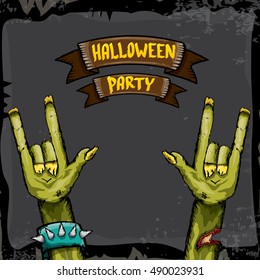 Halloween background with rock n roll zombie hand . vector halloween party creative concept invitation or poster. halloween cartoon banner.