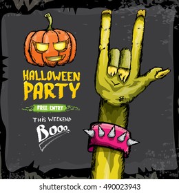 Halloween background with rock n roll zombie hand . vector halloween party creative concept invitation or poster. halloween cartoon banner.