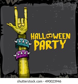 Halloween background with rock n roll zombie hand . vector halloween party creative concept invitation or poster. halloween cartoon banner.