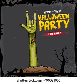 Halloween background with rock n roll zombie hand . vector halloween party creative concept invitation or poster. halloween cartoon banner.