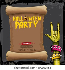 Halloween background with rock n roll zombie hand . vector halloween party creative concept invitation or poster. halloween cartoon banner.