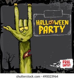 Halloween background with rock n roll zombie hand . vector halloween party creative concept invitation or poster. halloween cartoon banner.