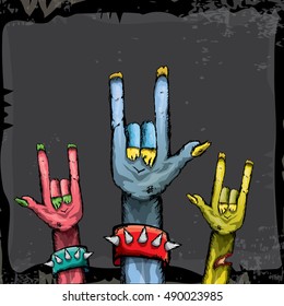 Halloween background with rock n roll zombie hand . vector halloween party creative concept invitation or poster. halloween cartoon banner.