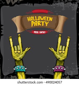 Halloween background with rock n roll zombie hand . vector halloween party creative concept invitation or poster. halloween cartoon banner.