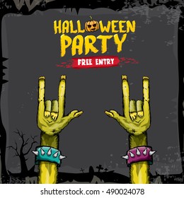 Halloween background with rock n roll zombie hand . vector halloween party creative concept invitation or poster. halloween cartoon banner.
