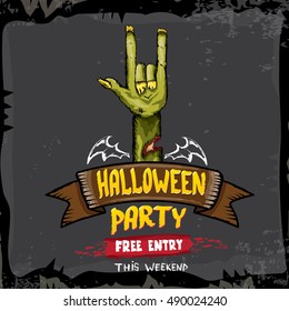 Halloween background with rock n roll zombie hand . vector halloween party creative concept invitation or poster. halloween cartoon banner.