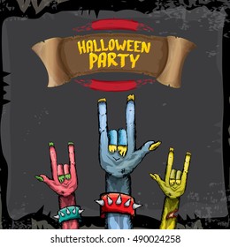 Halloween background with rock n roll zombie hand . vector halloween party creative concept invitation or poster. halloween cartoon banner.