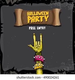 Halloween background with rock n roll zombie hand . vector halloween party creative concept invitation or poster. halloween cartoon banner.