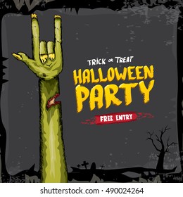 Halloween background with rock n roll zombie hand . vector halloween party creative concept invitation or poster. halloween cartoon banner.