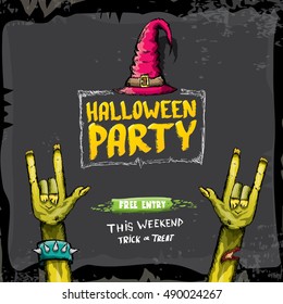 Halloween background with rock n roll zombie hand . vector halloween party creative concept invitation or poster. halloween cartoon banner.