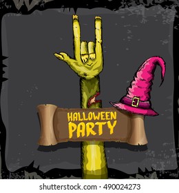 Halloween background with rock n roll zombie hand . vector halloween party creative concept invitation or poster. halloween cartoon banner.