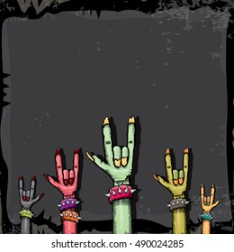 Halloween background with rock n roll zombie hand . vector halloween party creative concept invitation or poster. halloween cartoon banner.