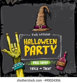 Halloween background with rock n roll zombie hand . vector halloween party creative concept invitation or poster. halloween cartoon banner.