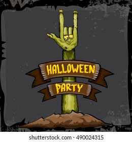 Halloween background with rock n roll zombie hand . vector halloween party creative concept invitation or poster. halloween cartoon banner.