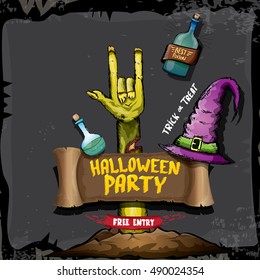 Halloween background with rock n roll zombie hand . vector halloween party creative concept invitation or poster. halloween cartoon banner.