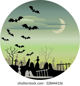Halloween background round scene of a spooky cemetery. Round format with a sickly green sky. Spooky cemetery silhouettes in the foreground. Bats flying up into a hazy sky with a crescent moon.