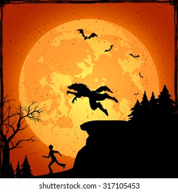 Halloween background with running man from werewolf, illustration.