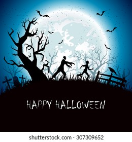 Halloween background with running man from zombies, illustration.