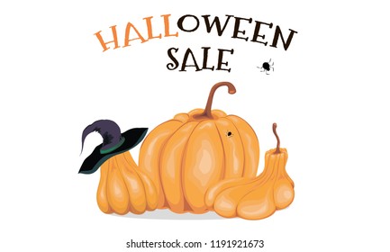 Halloween background. Sale  Vector illustration template. Pumpkins and wizard hat.